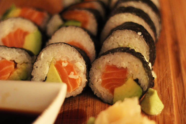 Salmon and Avocado Sushi with Ginger and Soy